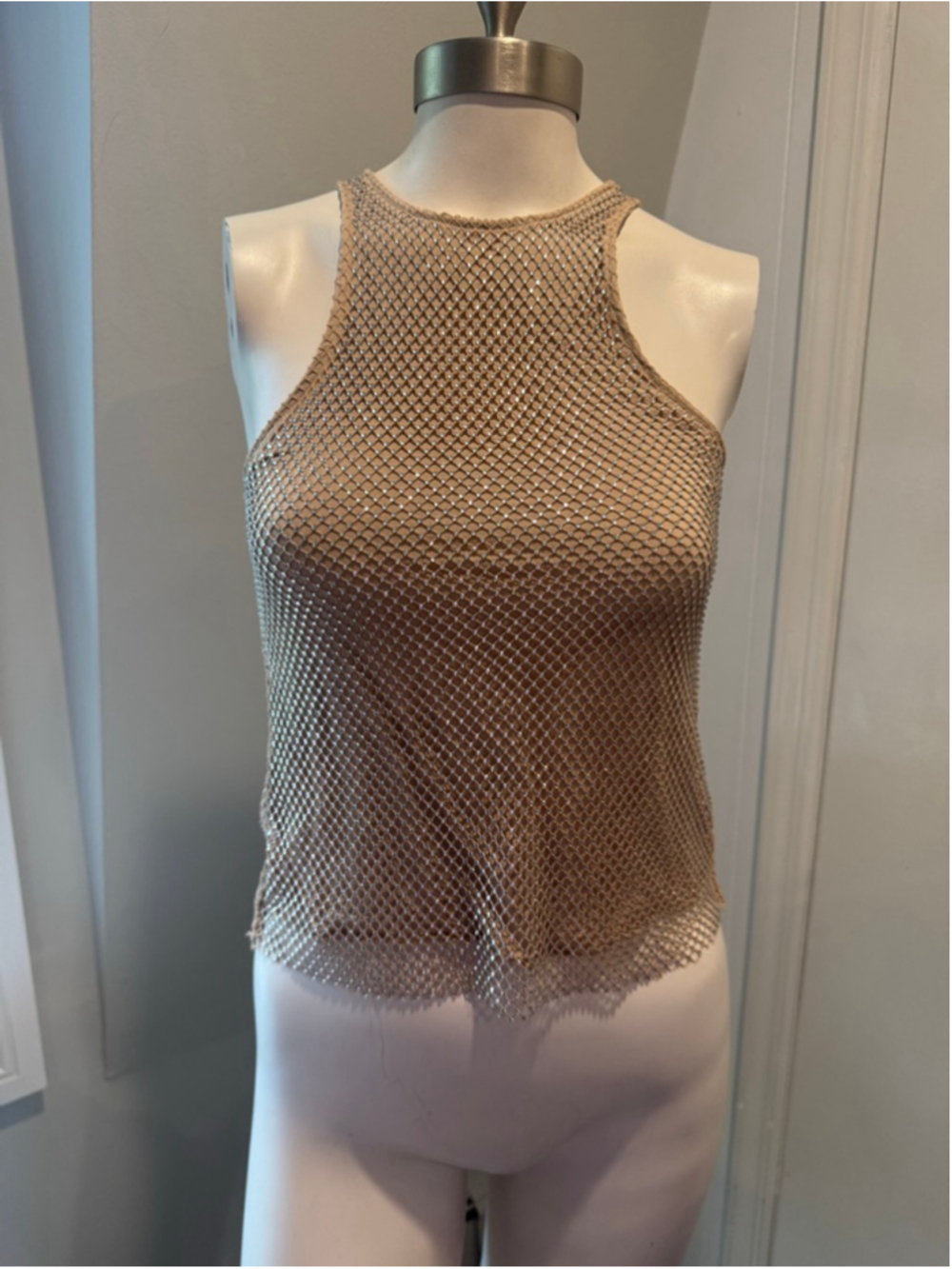 OW Collection rhinestone mesh tank top beige nude embellished size Small